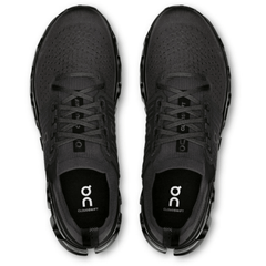 Black running shoes with 'on' logo on a white background
