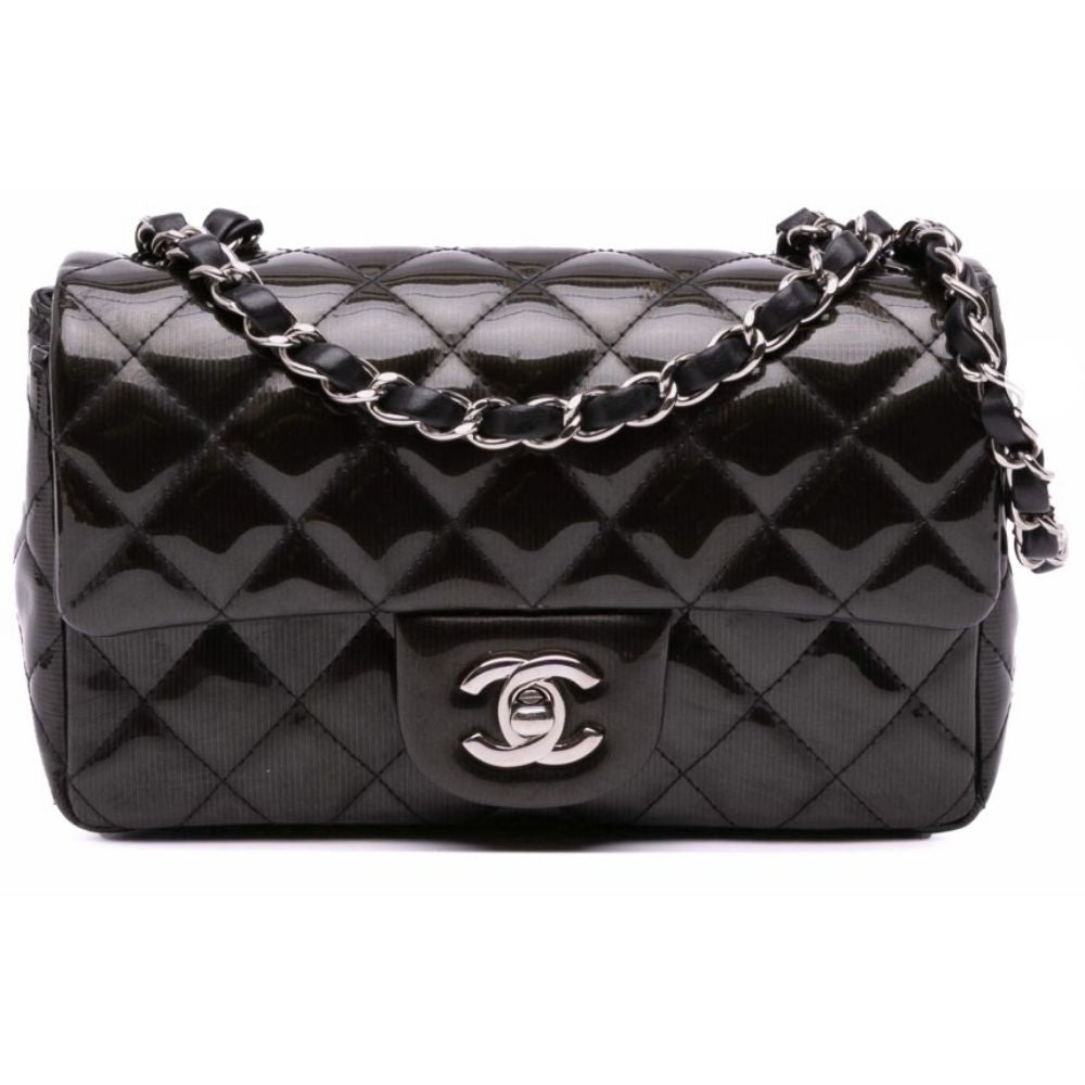 Chanel Black Mini Striped Patent Leather Flap Bag - Cloud Treadblack leather bagChanel accessories
