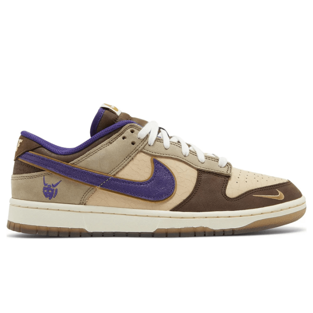 Side view of Nike Dunk Low Premium ‘Setsubun’ sneaker showing suede and gold Swoosh