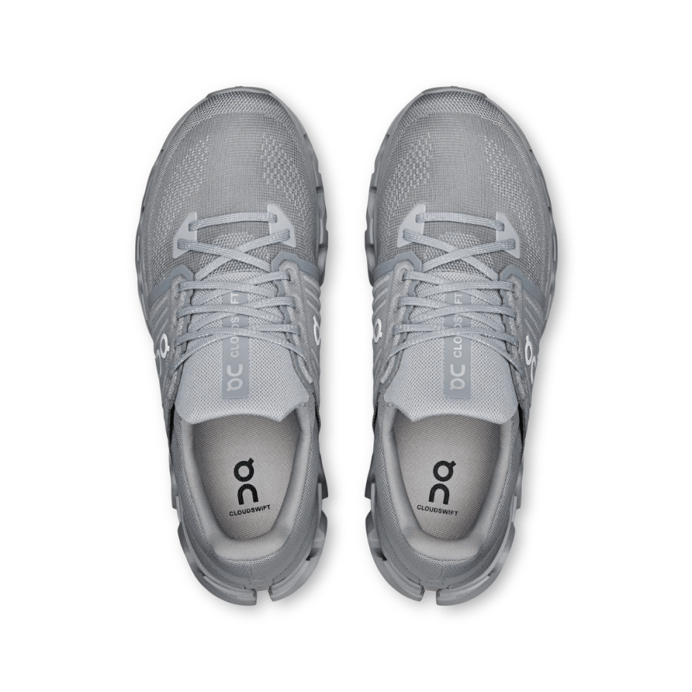 Pair of gray running shoes with 'on' branding on a white background