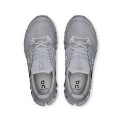 Pair of gray running shoes with 'on' branding on a white background