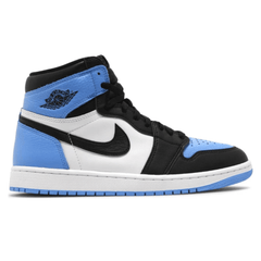 Side view of Air Jordan 1 Retro High OG 'UNC Toe' in University Blue and Black