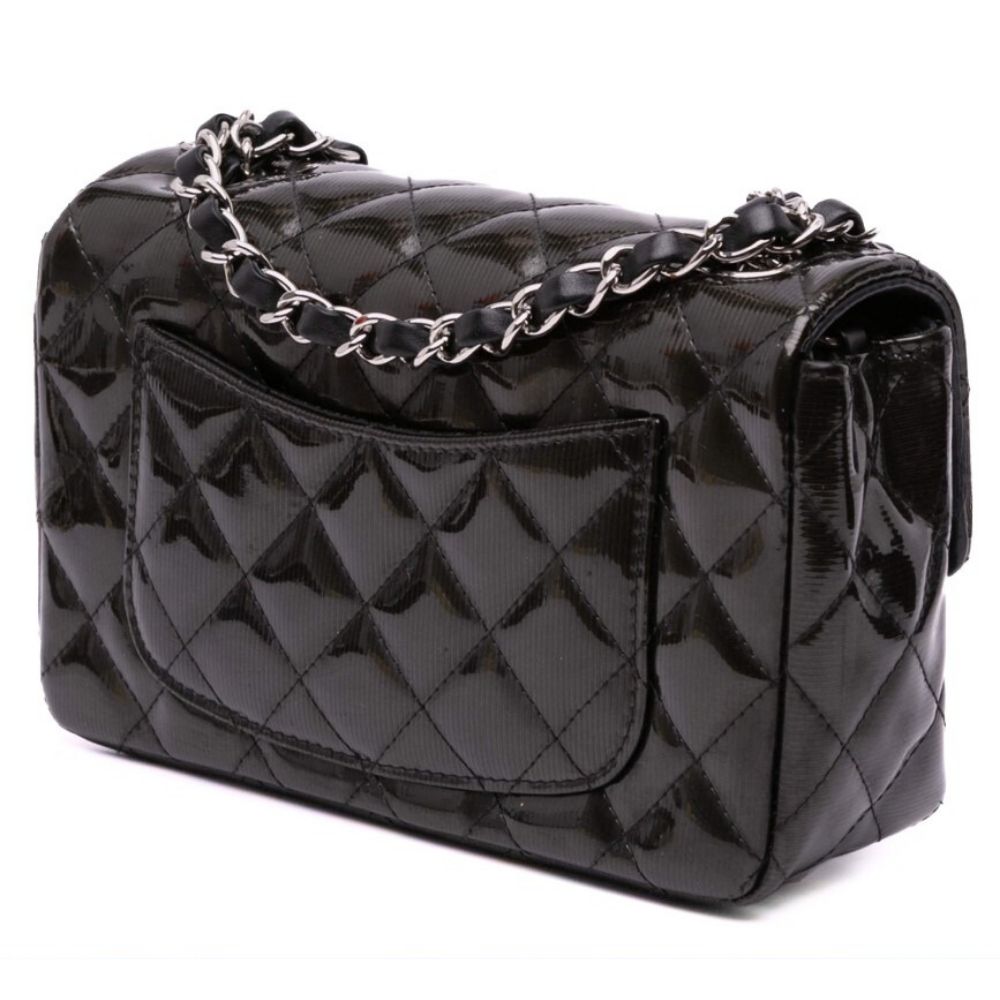 Chanel Black Mini Striped Patent Leather Flap Bag - Cloud Treadblack leather bagChanel accessories