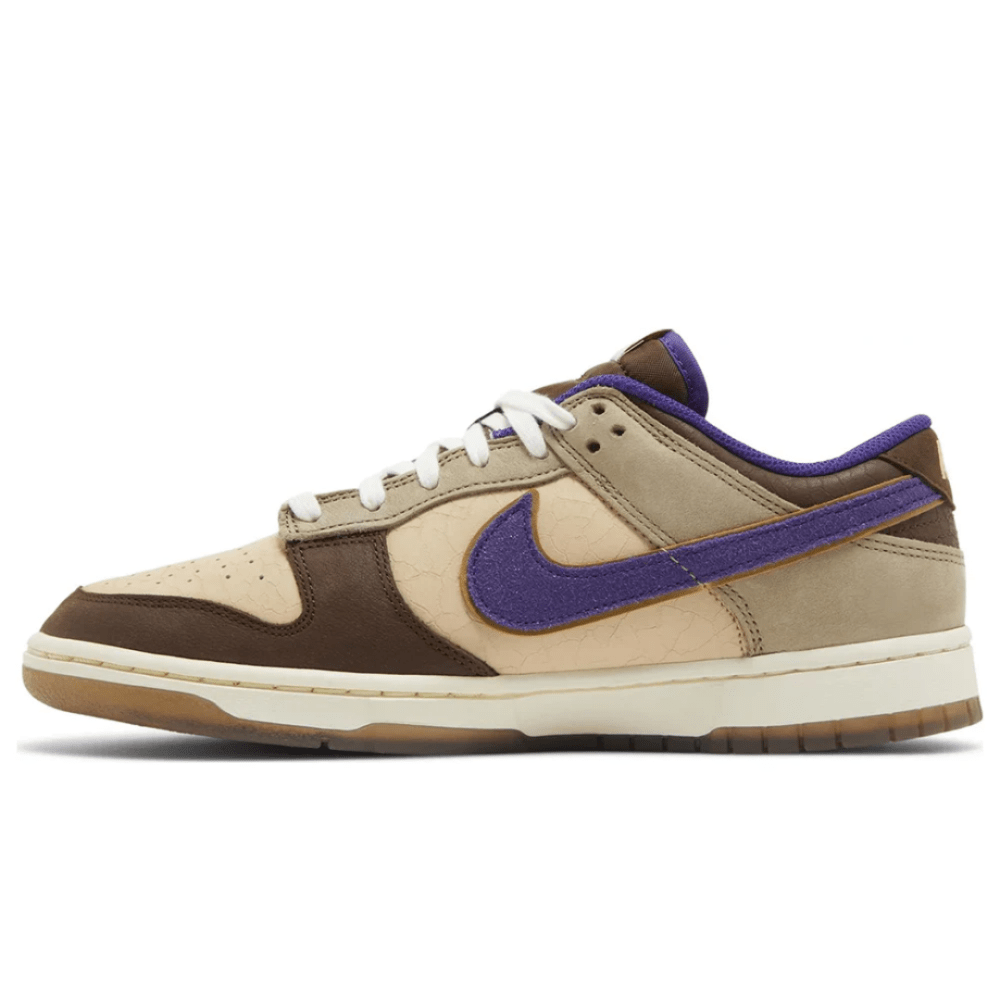 Front angle of Nike Dunk Low Premium ‘Setsubun’ sneaker with brown and purple tones
