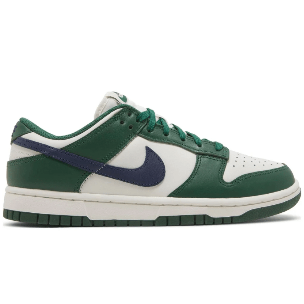 Side view of Nike Dunk Low ‘Gorge Green’ sneaker with green and white panels