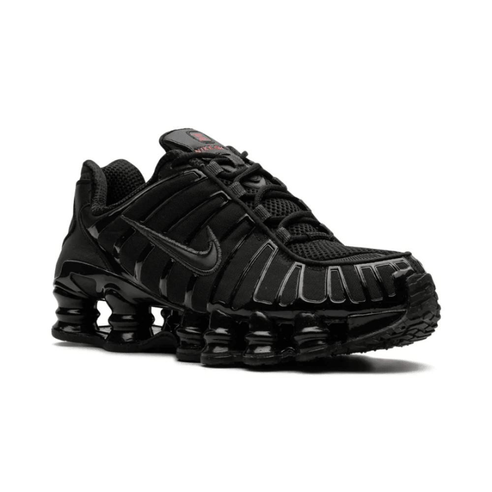 Front angle of Nike Shox TL "Black Max Orange" sneaker